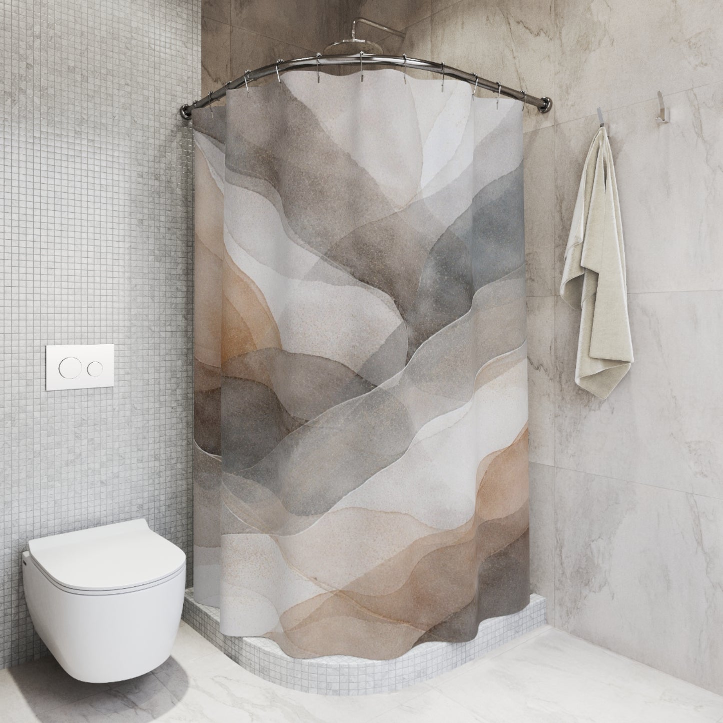 Abstract Watercolor Waves Shower Curtain | Neutral Brown Gray Bathroom Décor