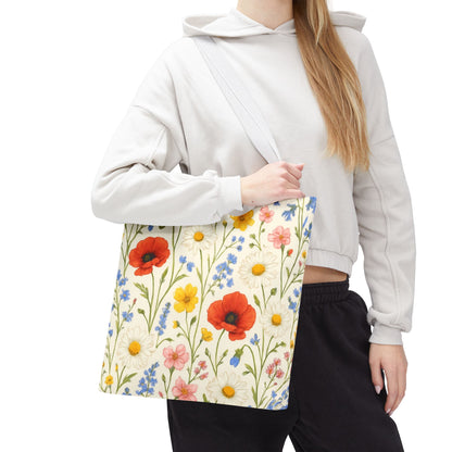 Wildflower Poppy print tote bag by Printify featuring a colorful floral all-over pattern on a sturdy fabric bag.