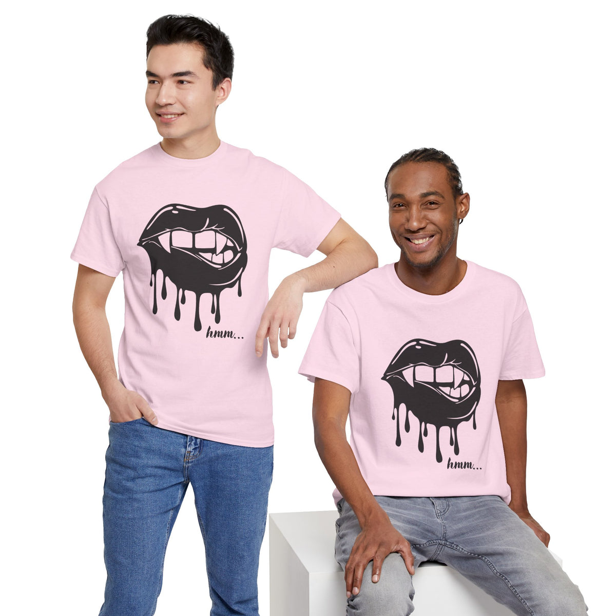Graphic T-shirt featuring a dripping lips 'hmm...' bite design by Printify, shown with bold black print on a white tee.