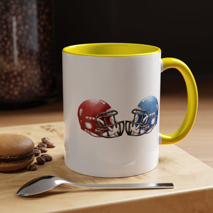 Football Helmet Coffee Mug — Red vs Blue Rivalry Accent Mug (11/15oz)