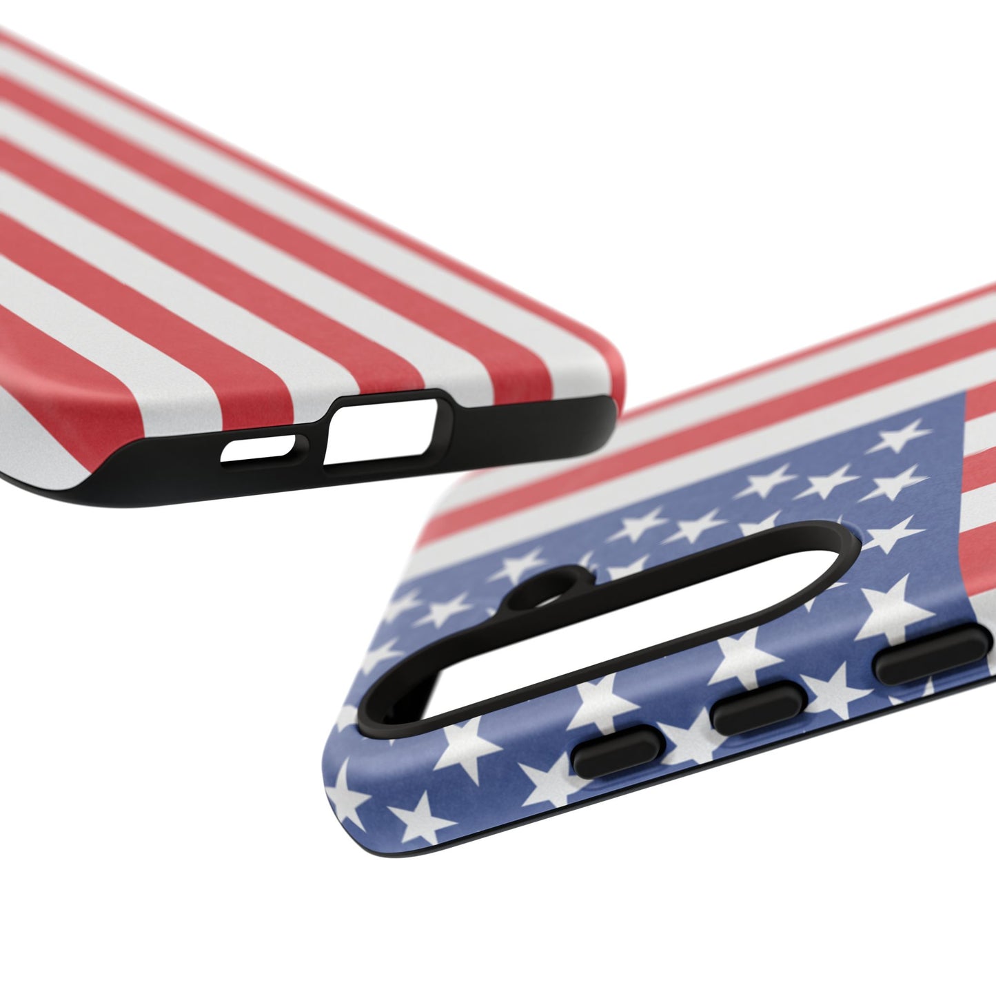 American flag tough phone case for iPhone and Samsung, patriotic protective cover with bold flag design by Printify.
