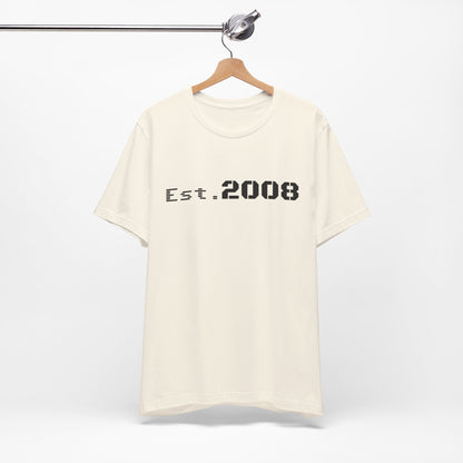 Black graphic T-shirt by Printify featuring "Established 2008" minimal design on the front.