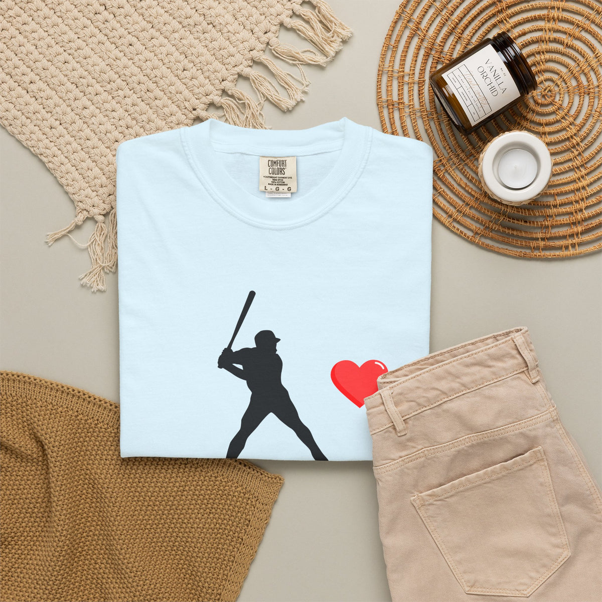 White baseball batter heart graphic T-shirt by Printify, featuring a casual fit and sporty design on soft cotton fabric.