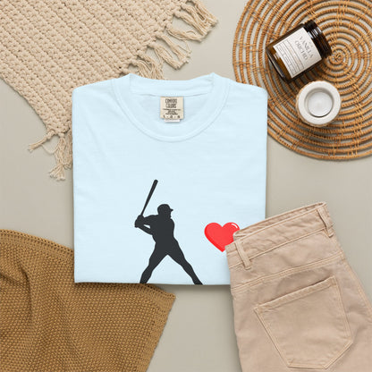 White baseball batter heart graphic T-shirt by Printify, featuring a casual fit and sporty design on soft cotton fabric.