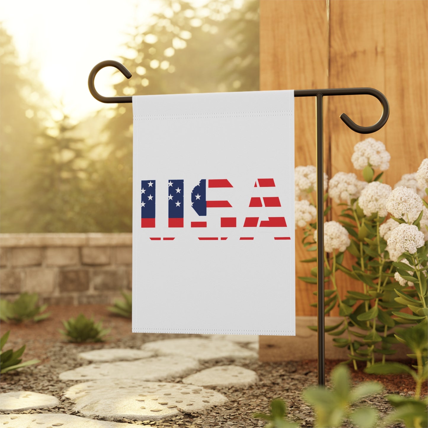 USA flag garden banner by Printify, patriotic yard decor for Memorial Day, featuring a colorful American flag design.
