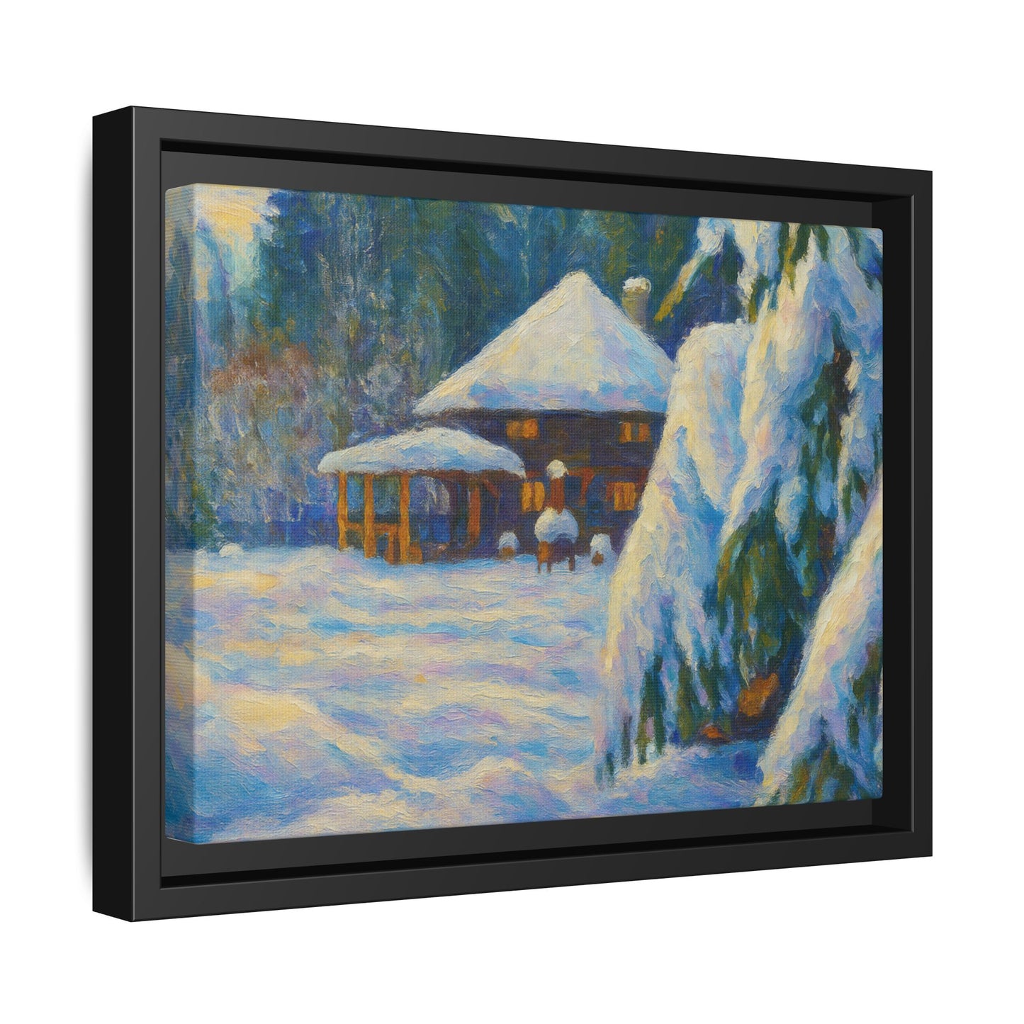 Framed matte canvas of a snowy cabin winter landscape wall art by Printify, featuring a cozy cabin surrounded by snow-covered trees.