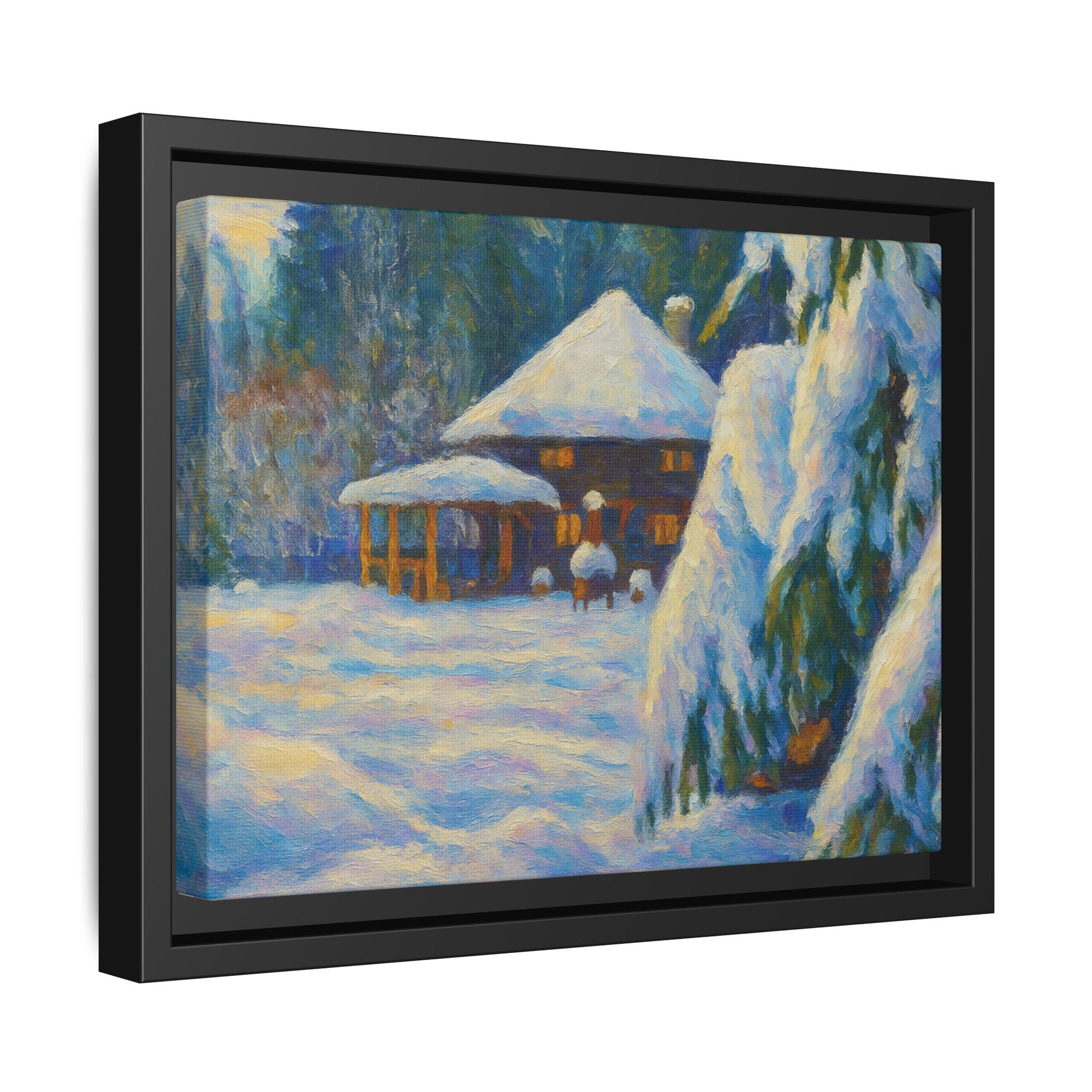 Framed matte canvas of a snowy cabin winter landscape wall art by Printify, featuring a cozy cabin surrounded by snow-covered trees.