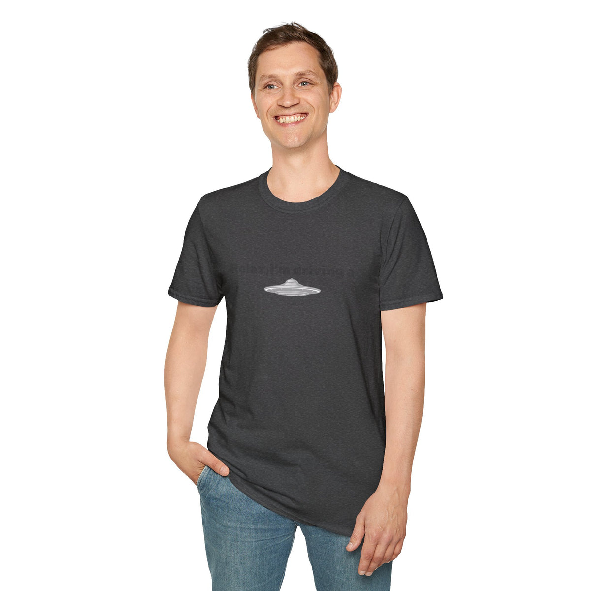 Funny alien graphic T-shirt from Printify featuring a sci-fi-inspired UFO design on a casual tee.