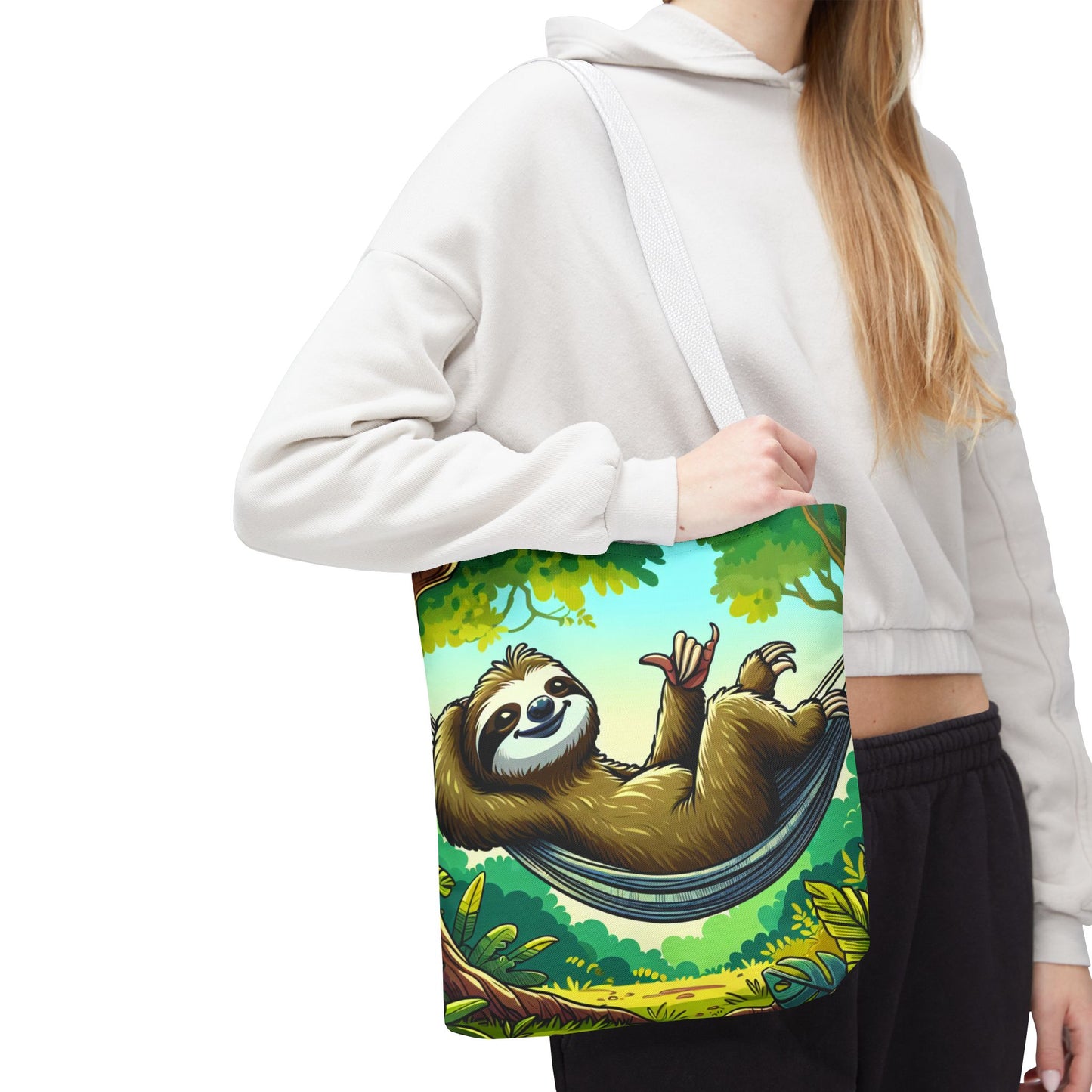 Cute eco-friendly sloth tote bag featuring a playful sloth illustration, perfect for animal lovers and casual outings.