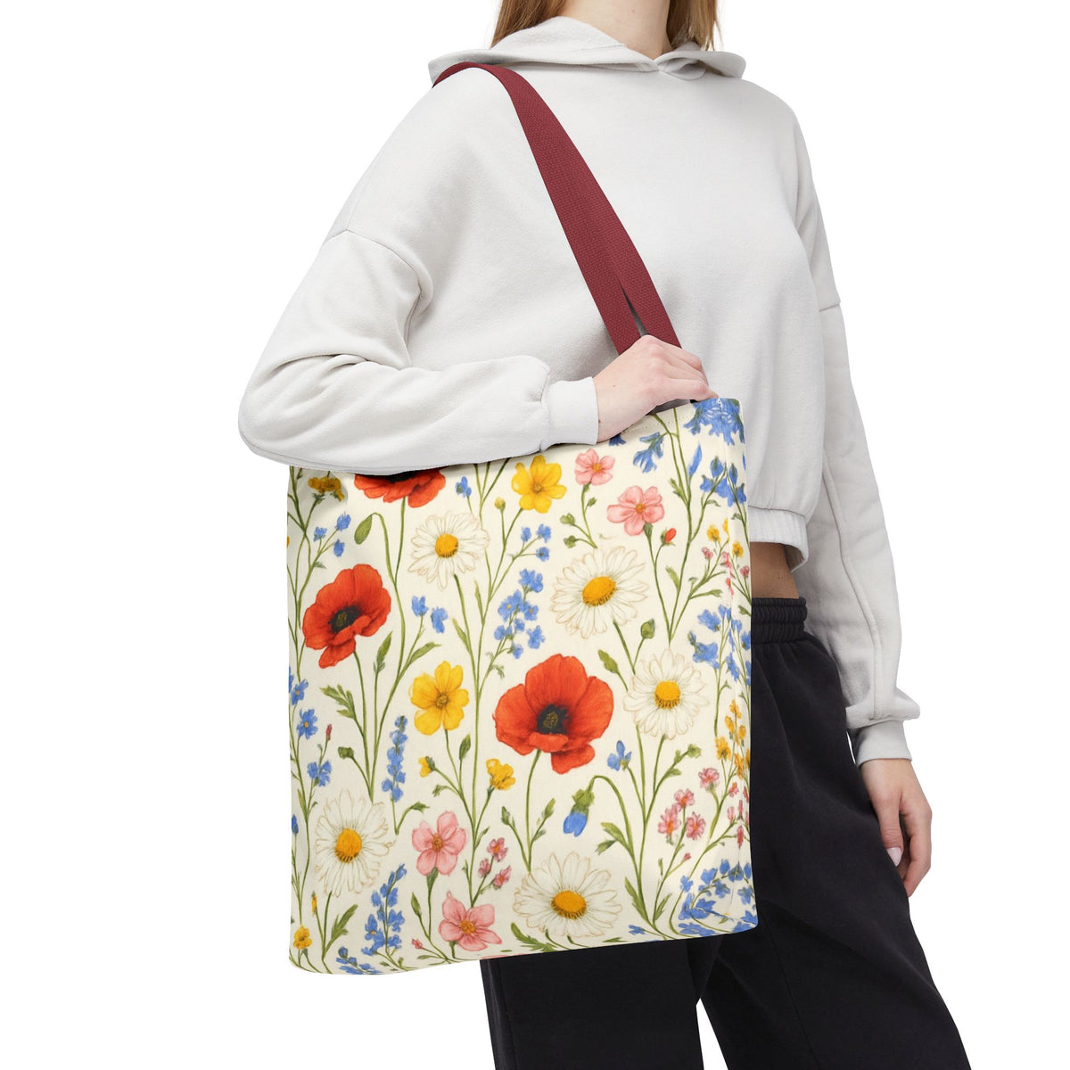 Wildflower Poppy print tote bag with floral all-over pattern by Printify, showing a spacious fabric bag with colorful poppy flowers.