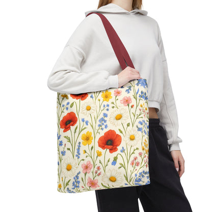 Wildflower Poppy print tote bag with floral all-over pattern by Printify, showing a spacious fabric bag with colorful poppy flowers.