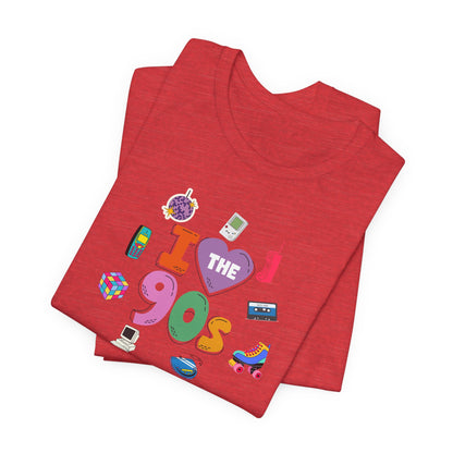 I  Love the 90's Short Sleeve Tee - Retro Graphic Tee, Vintage Style Shirt, Perfect for Casual Outings, 90s Nostalgia Apparel