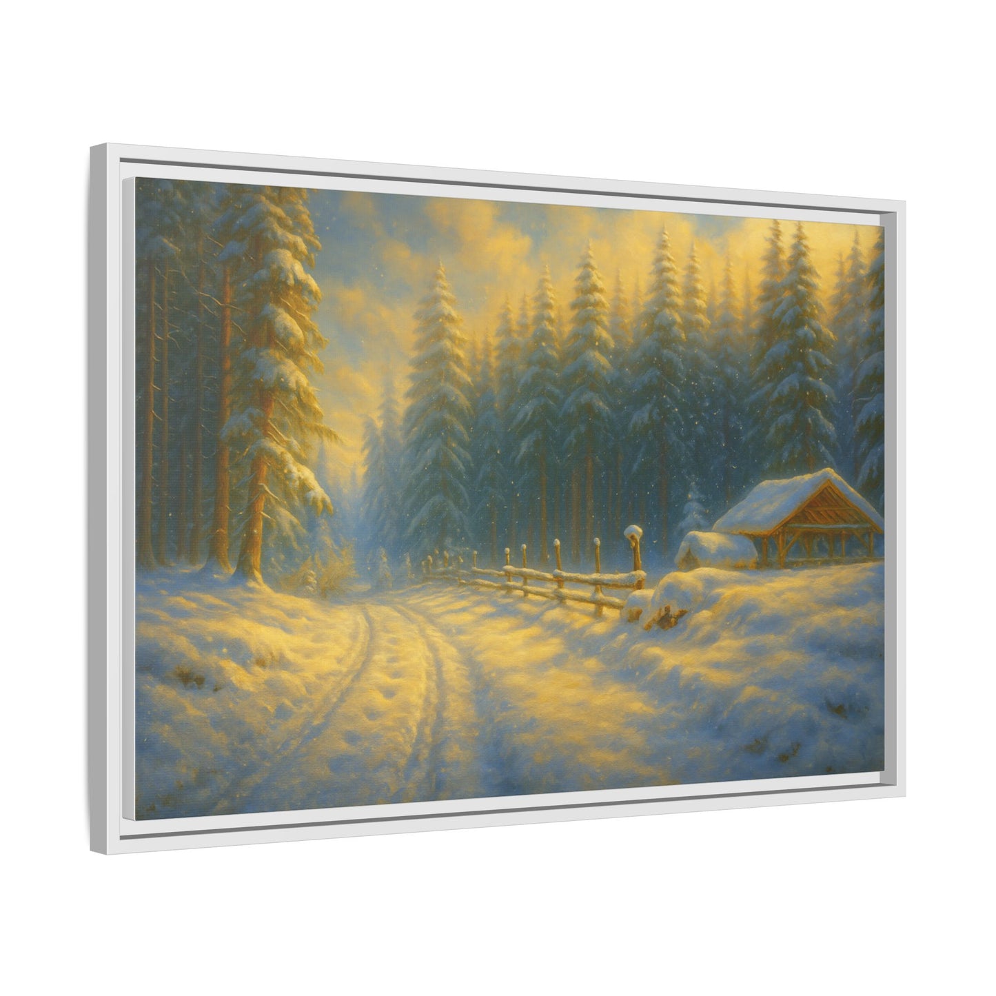 Framed winter cabin canvas print featuring a snowy forest sunset, ideal wall art for cozy, rustic decor.
