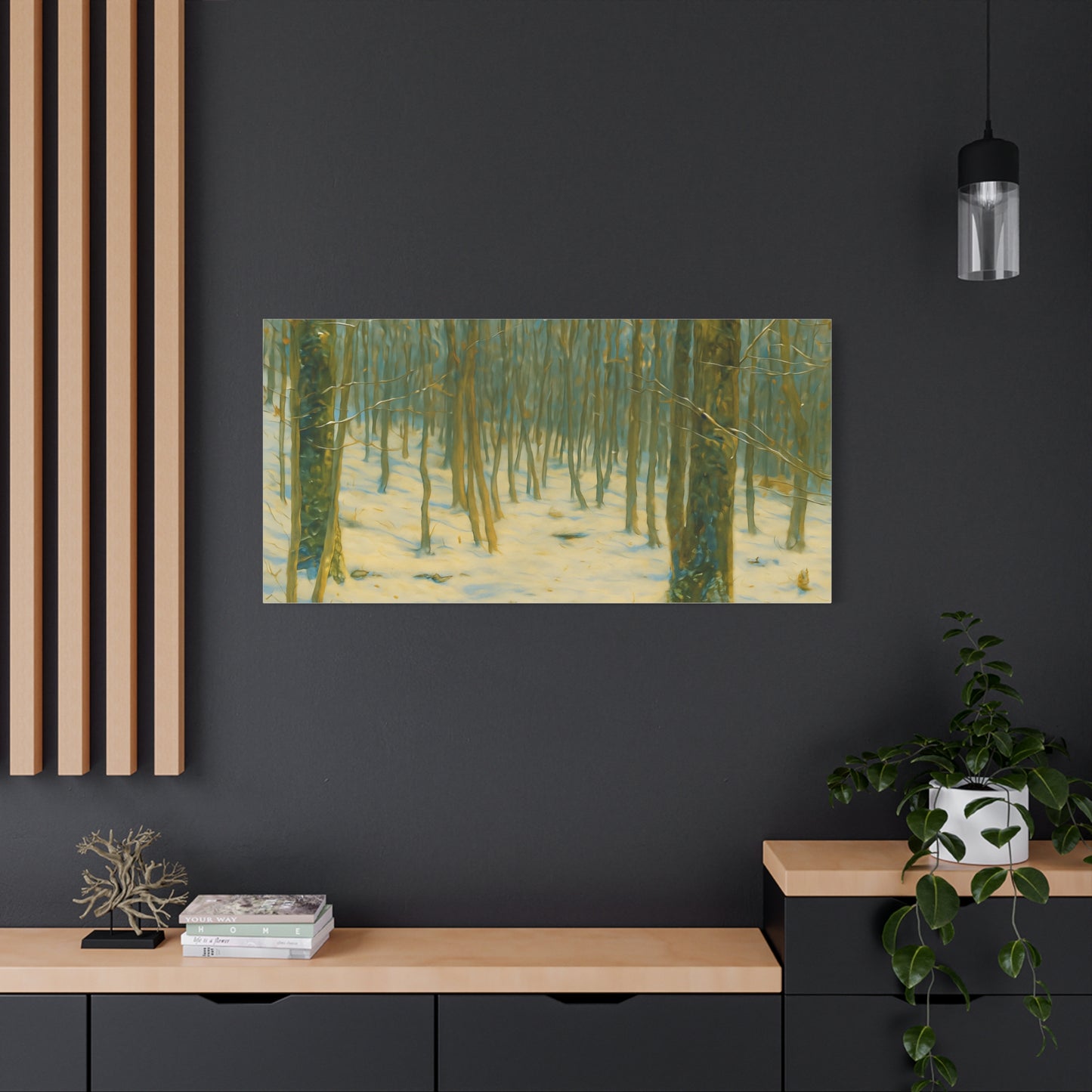 Snowy winter forest canvas print by Printify, featuring a peaceful snowy landscape on a stretched matte canvas.