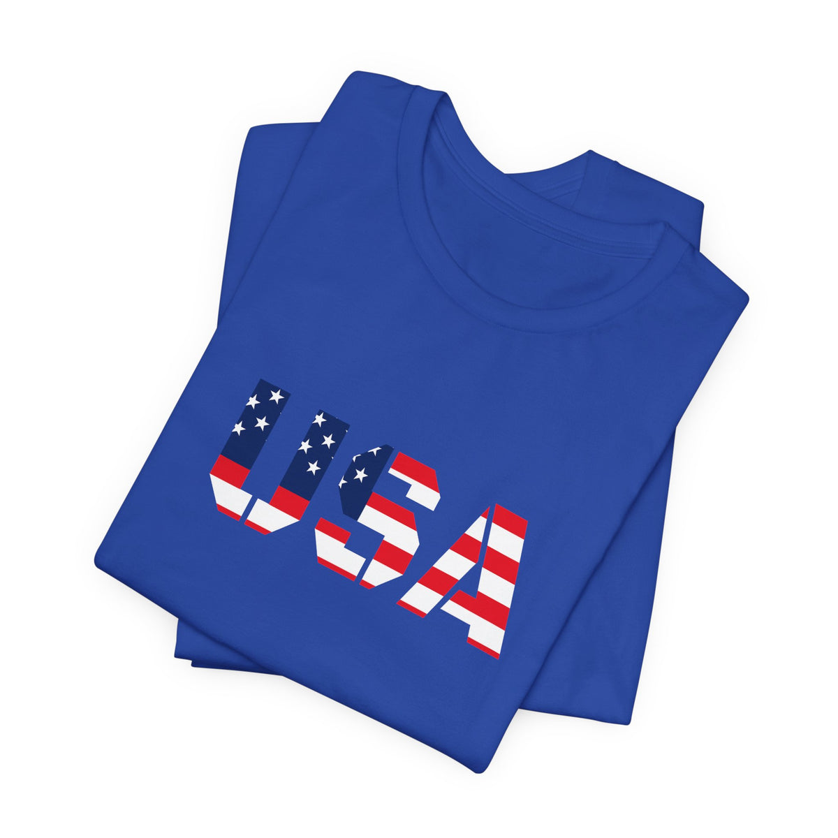 USA flag text T-shirt by Printify featuring patriotic Fourth of July design, shown with front view and bold red, white, and blue colors.