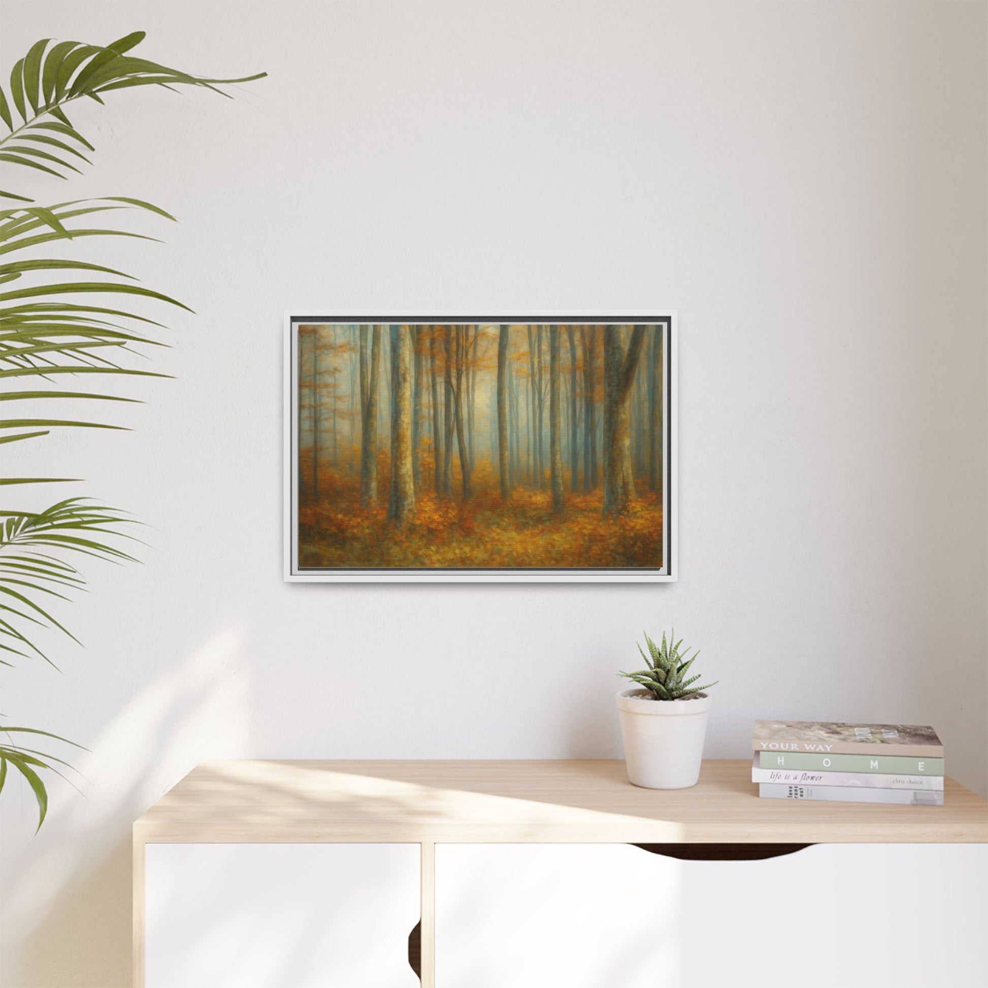 Framed autumn forest canvas print featuring misty woodland scene, ideal for wall decor by Printify.