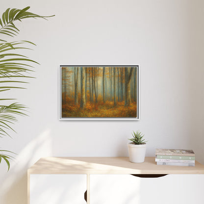 Framed autumn forest canvas print featuring misty woodland scene, ideal for wall decor by Printify.