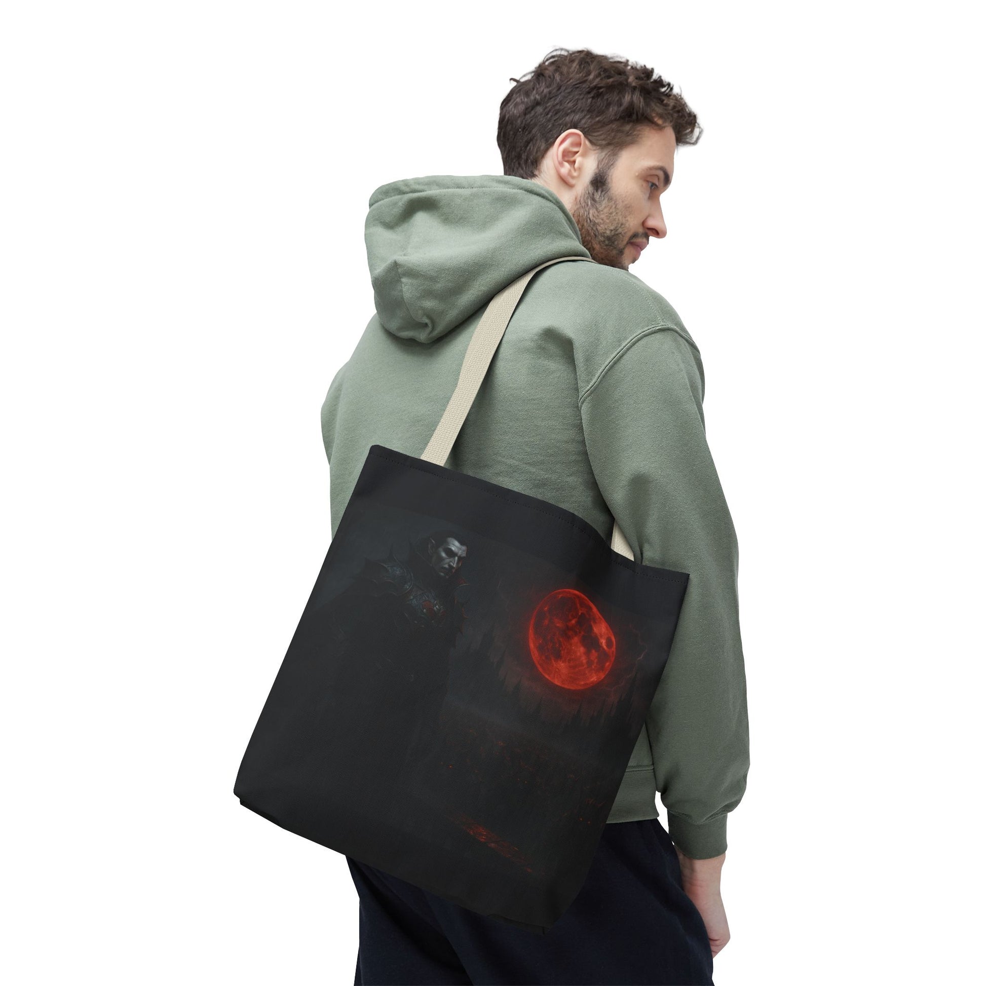 Gothic Dracula tote bag with moonlit vampire artwork, perfect for Halloween costumes and spooky fashion accessories.