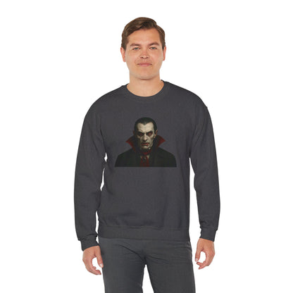 Vampire portrait crewneck sweatshirt by Printify featuring a detailed vampire face design on black fabric.