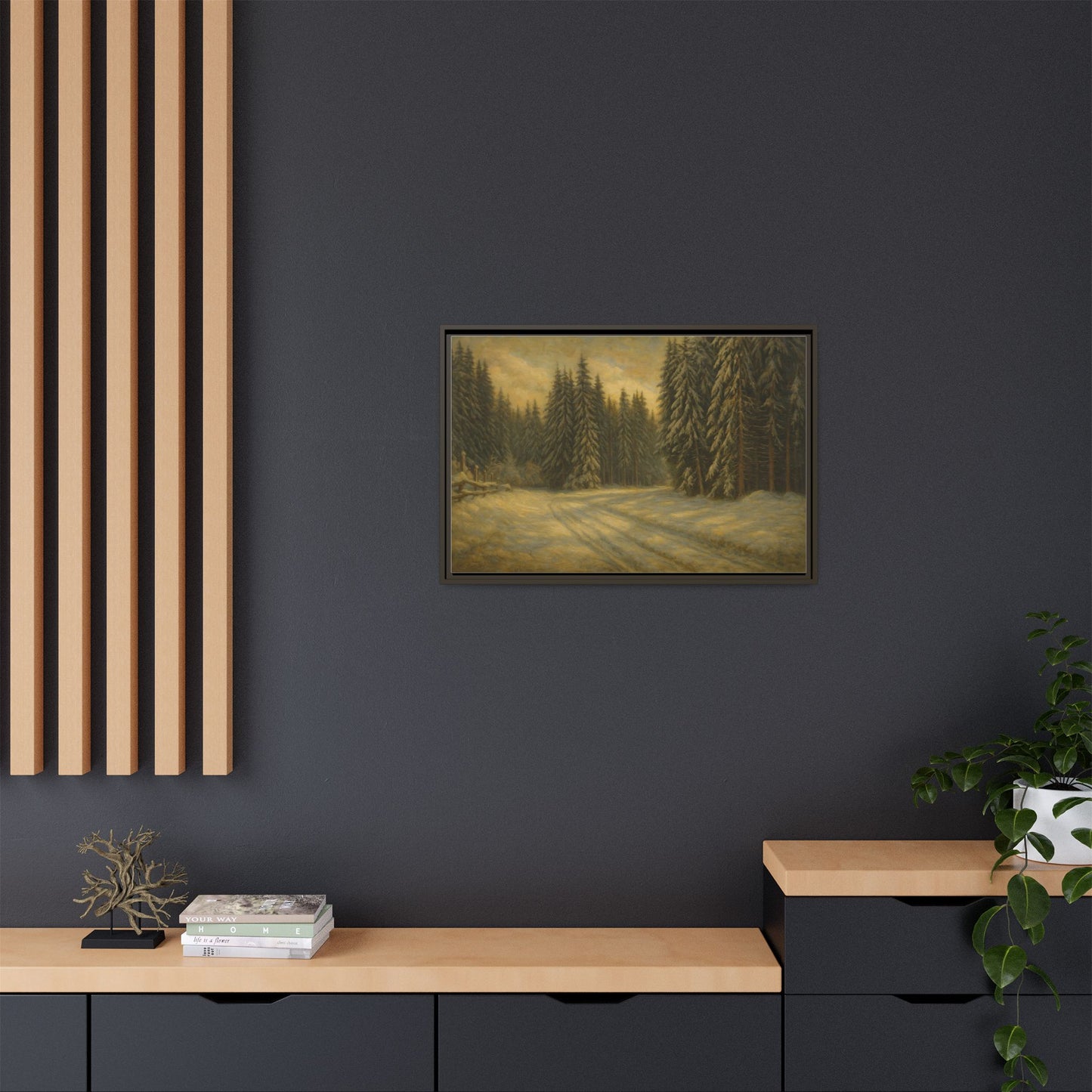 Framed matte canvas wall art featuring a winter forest landscape, showcasing detailed trees and snowy scenery by Printify.