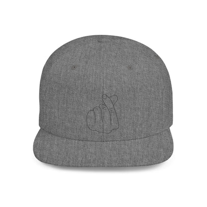 Minimalist hand gesture flat bill snapback hat by Printify, featuring a simple design and adjustable strap on a white background.