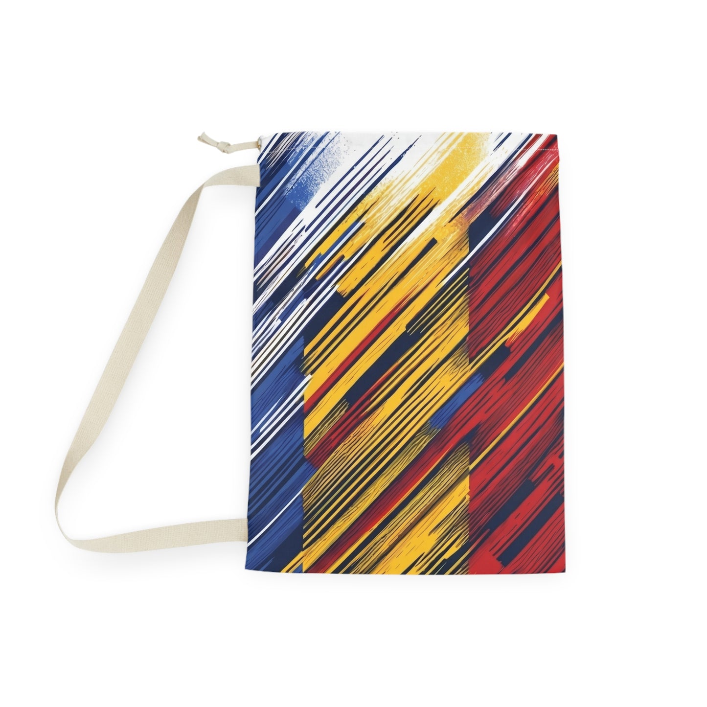 Colorful abstract brushstroke laundry bag in red, yellow, and blue by Printify, perfect for dorms and travel storage.