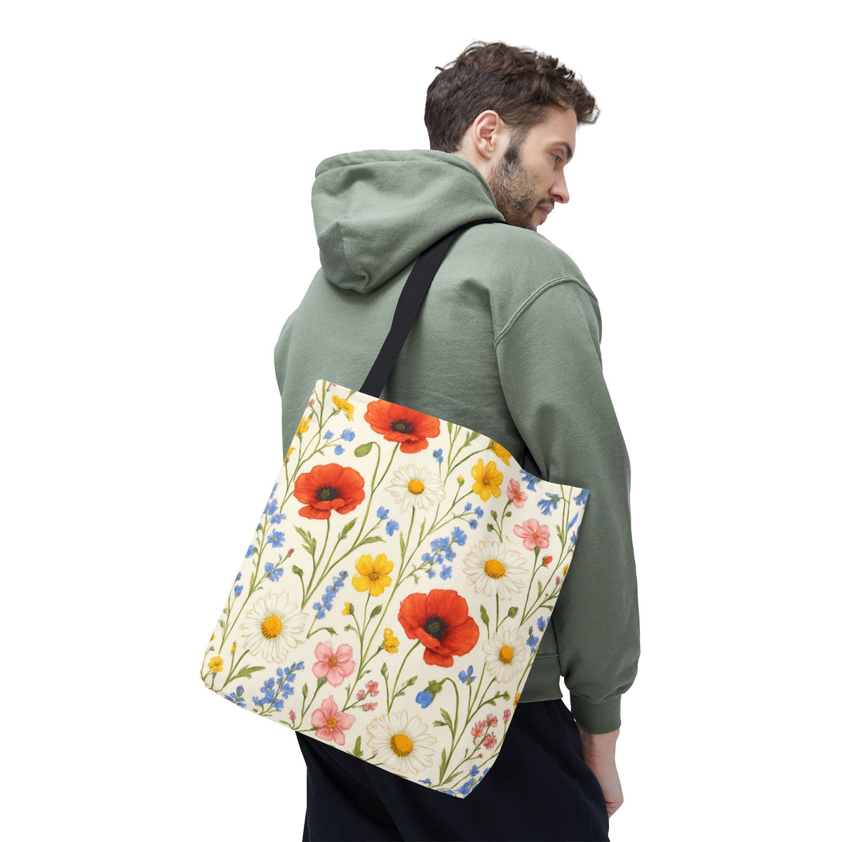 Wildflower Poppy print tote bag by Printify with a floral all-over pattern, showcasing vibrant poppy flower illustrations.