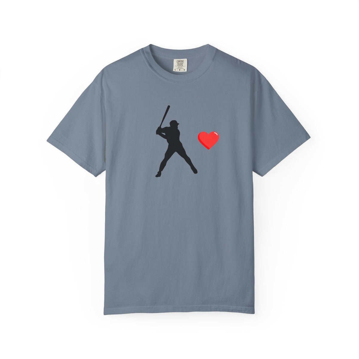 Printify baseball batter heart T-shirt featuring a graphic of a batter swinging with a heart motif on the front.