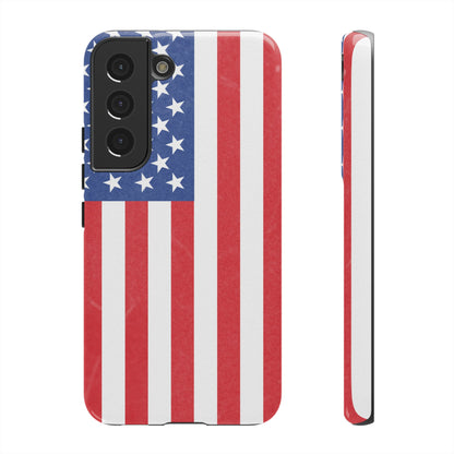 American flag tough phone case for iPhone and Samsung, patriotic protective cover with bold flag design by Printify