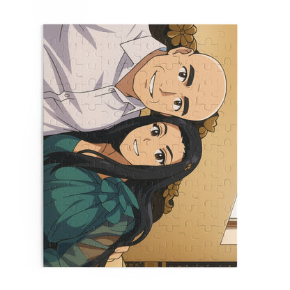 Custom anime couple portrait puzzle with 120, 252, or 500 pieces, featuring vibrant anime-style artwork and detailed character images.