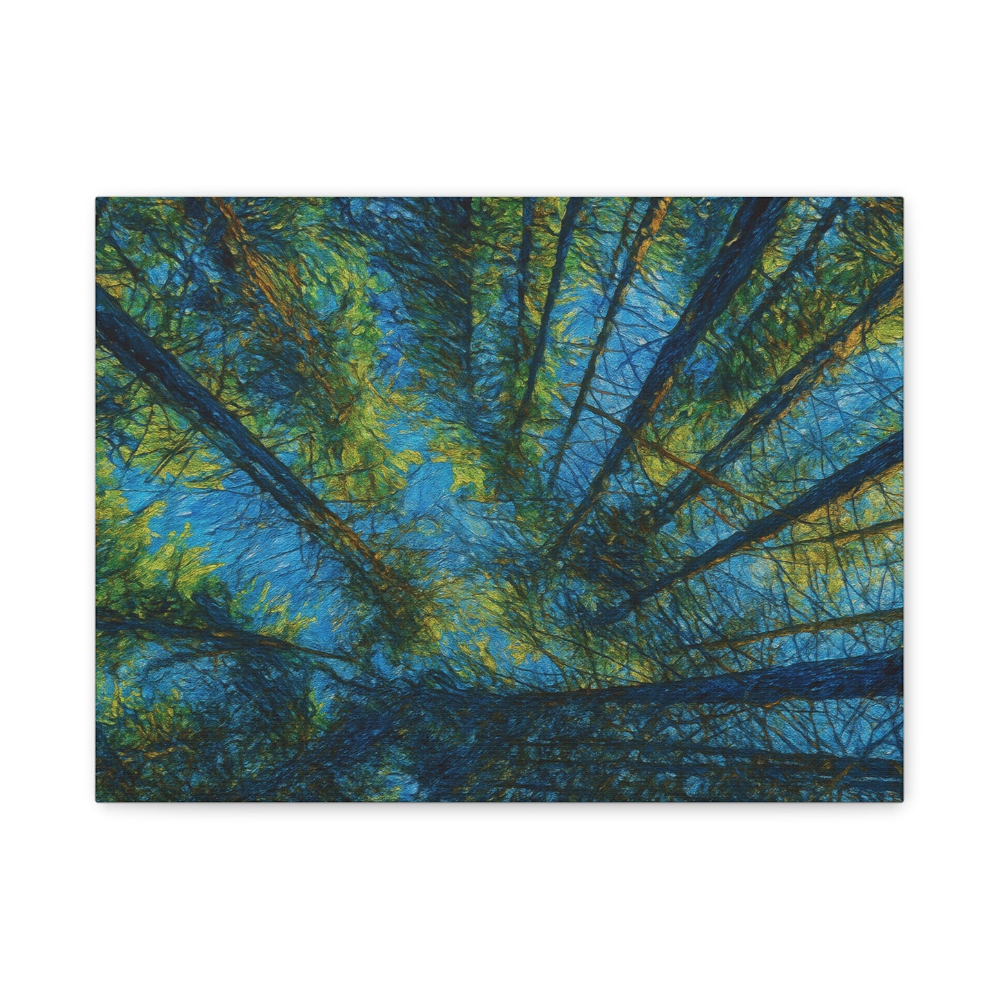 Forest Canopy Matte Canvas Wall Art — Upward View of Trees, Blue & Green Nature Print