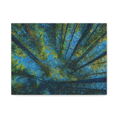 Forest Canopy Matte Canvas Wall Art — Upward View of Trees, Blue & Green Nature Print
