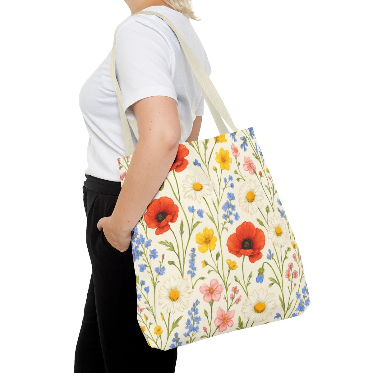 Wildflower Poppy print tote bag featuring a floral all-over pattern, made by Printify, showcasing colorful poppy flower design.