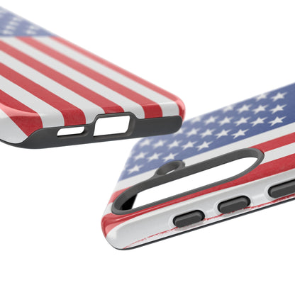 Durable American flag phone case for iPhone, featuring patriotic design and tough protective material from Printify.