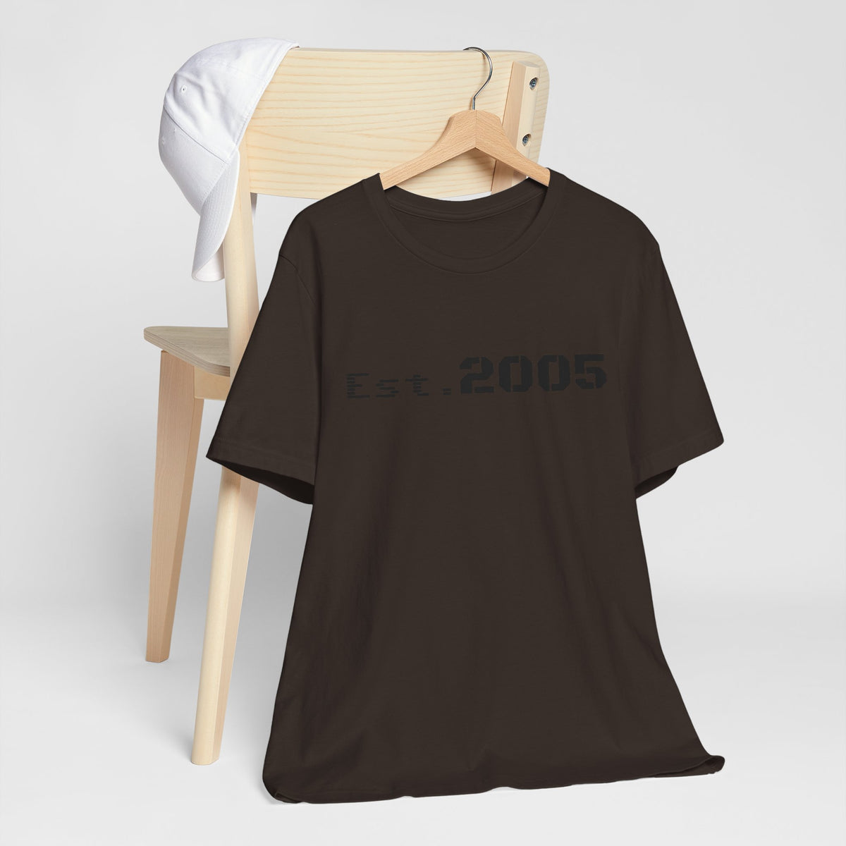Black Est. 2005 T-shirt by Printify featuring a minimal anniversary year design on soft cotton fabric.