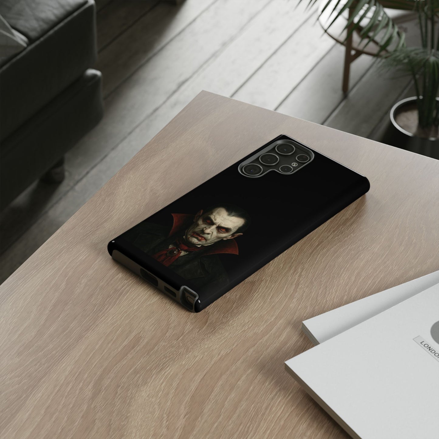 Gothic vampire portrait phone case for iPhone featuring Dracula horror design, made by Printify.