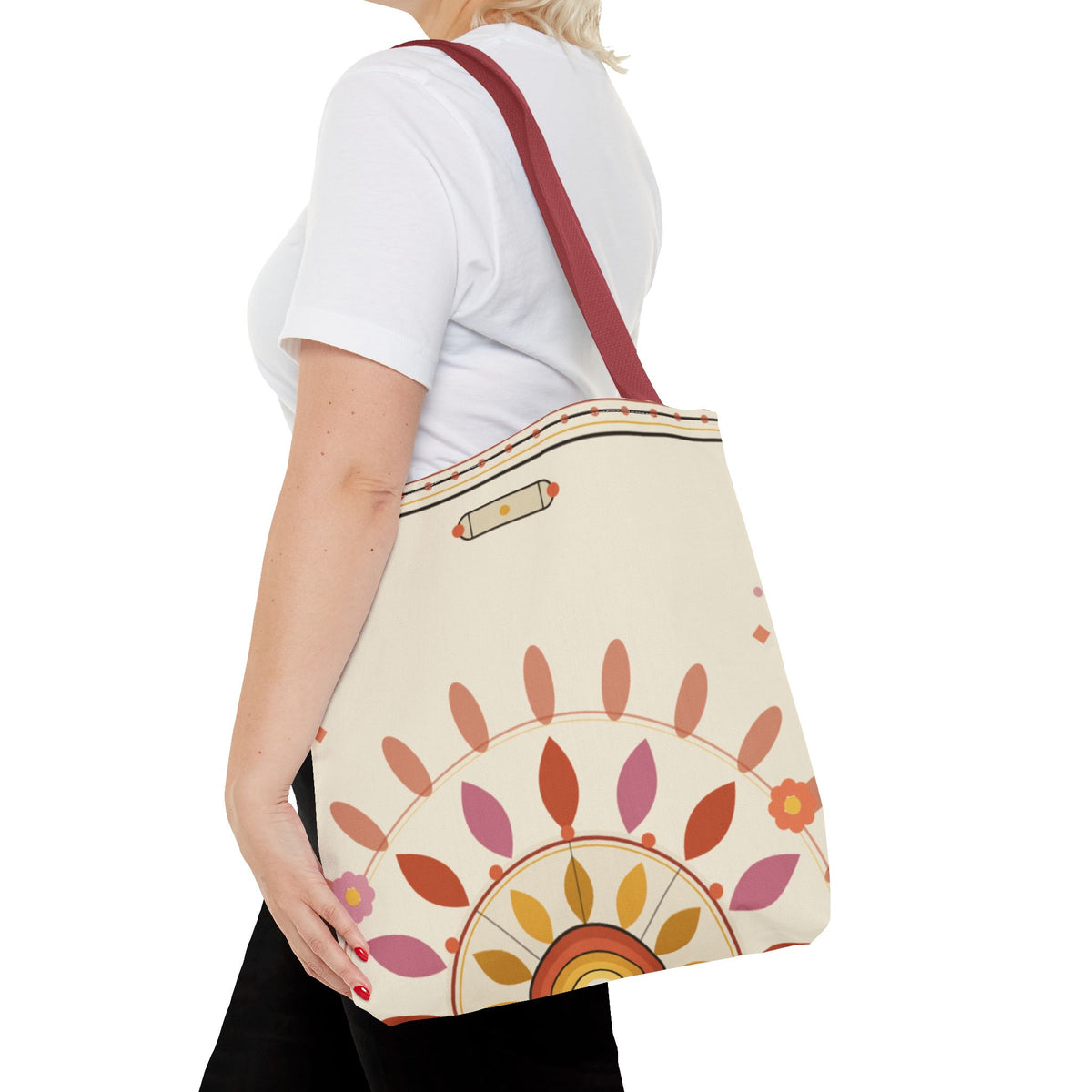 Boho floral mandala tote bag by Printify featuring a pastel sunburst pattern and bohemian floral design on fabric.