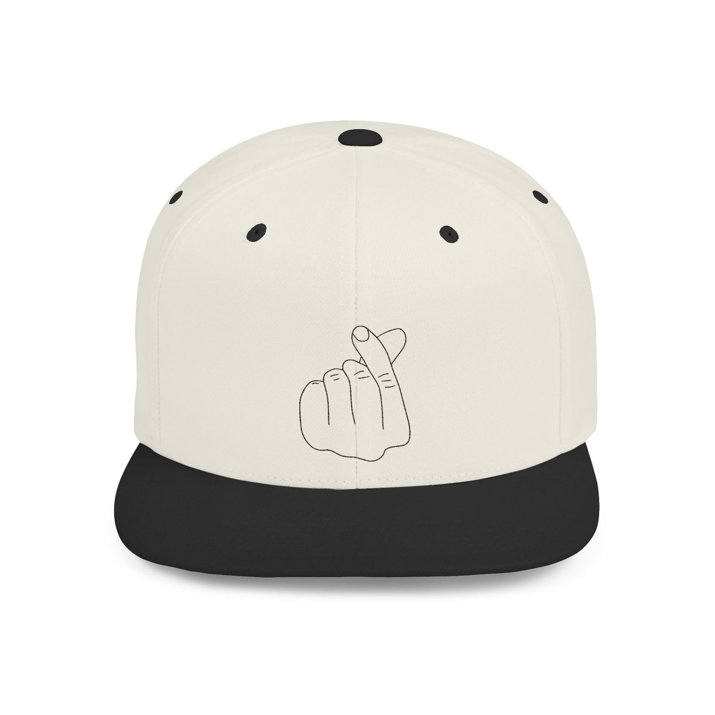Black minimalist snapback hat with a hand gesture flat bill by Printify, showing the front view and adjustable strap.