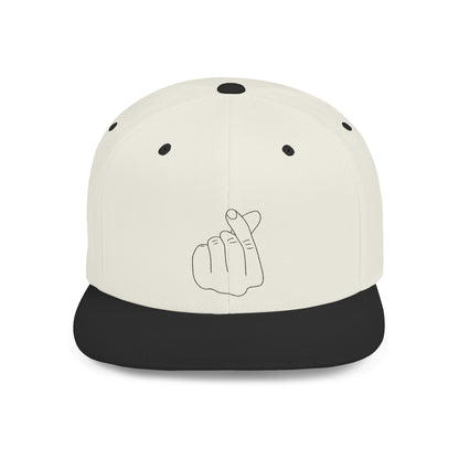 Black minimalist snapback hat with a hand gesture flat bill by Printify, showing the front view and adjustable strap.