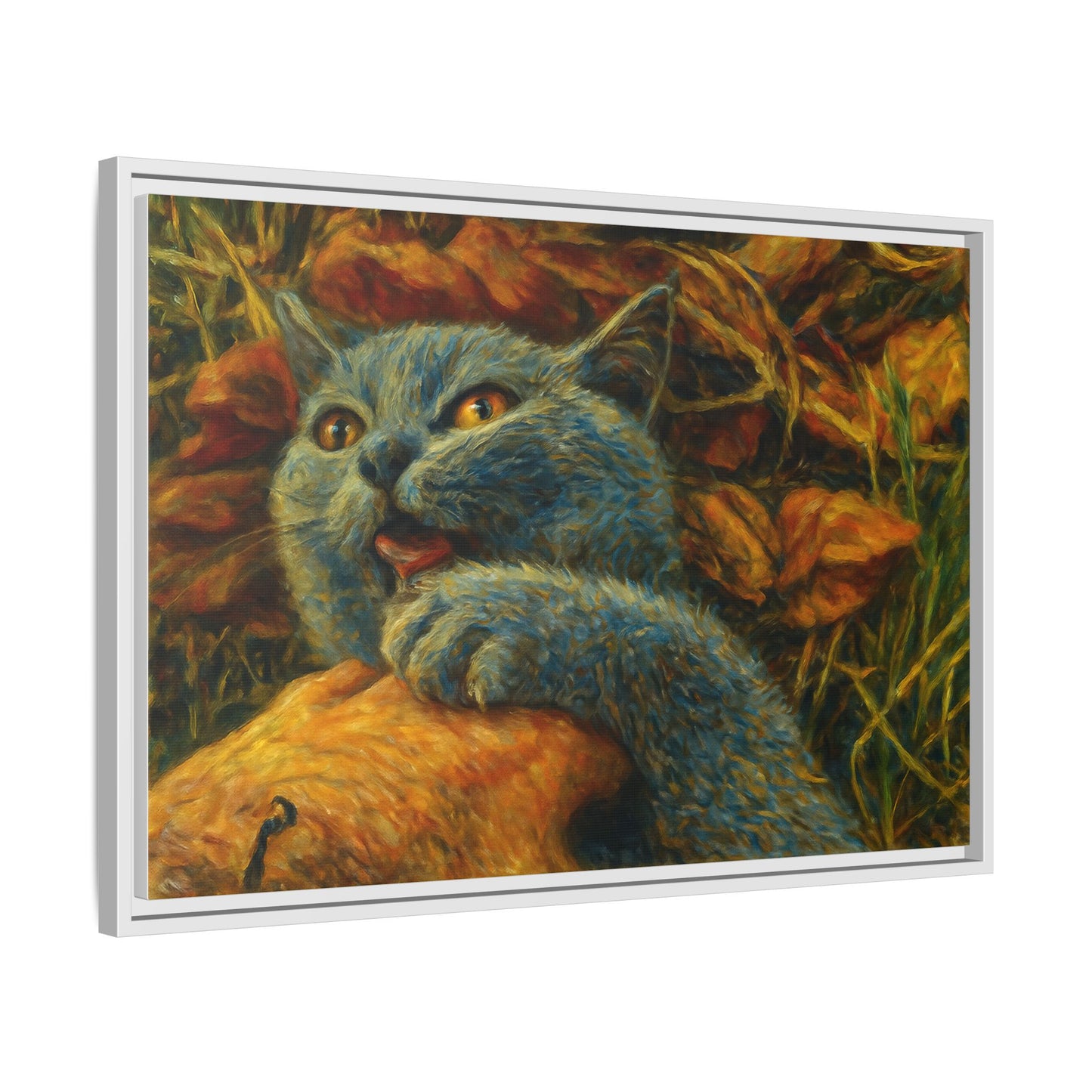 Blue cat canvas print featuring whimsical wall art, perfect gift for cat lovers, by Printify.