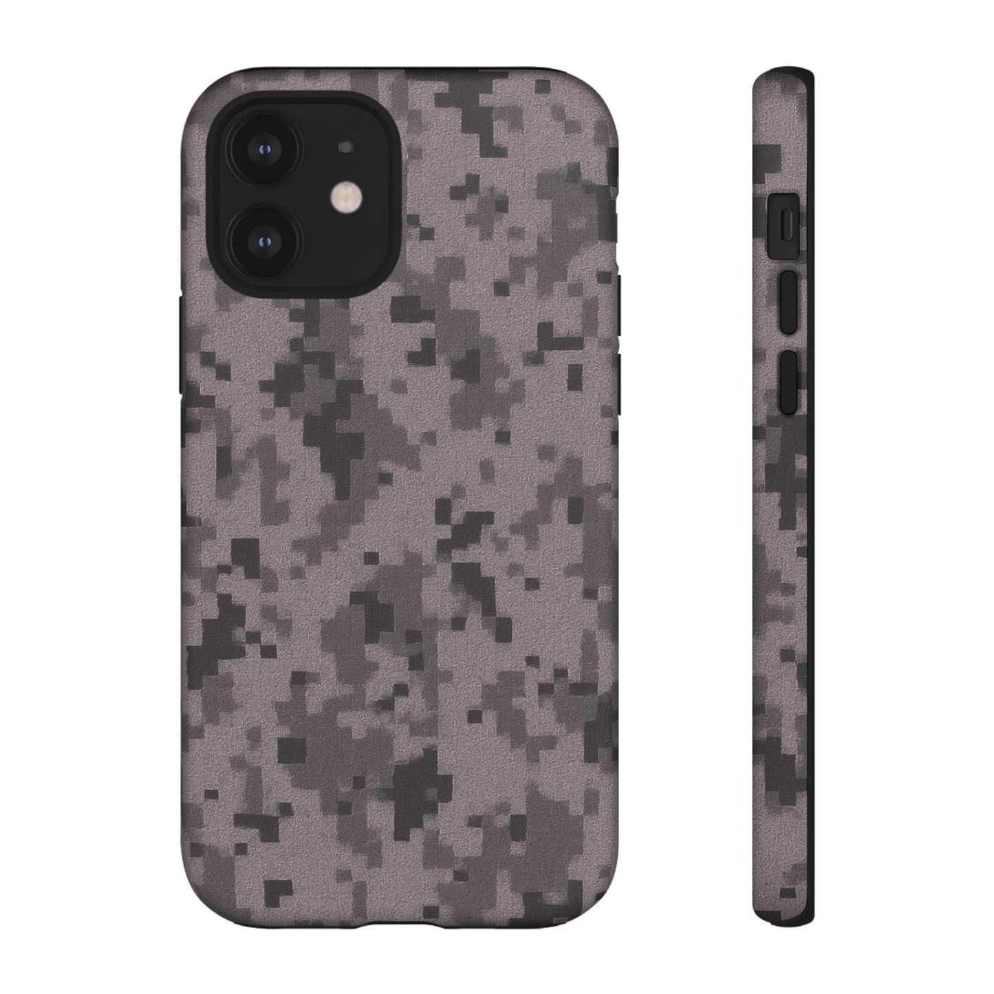 Gray digital camouflage phone case by Printify, tough protective cover for smartphones with a rugged camouflage design.