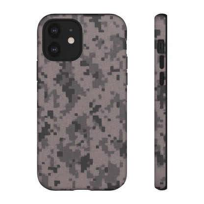 Gray digital camouflage phone case by Printify, tough protective cover for smartphones with a rugged camouflage design.