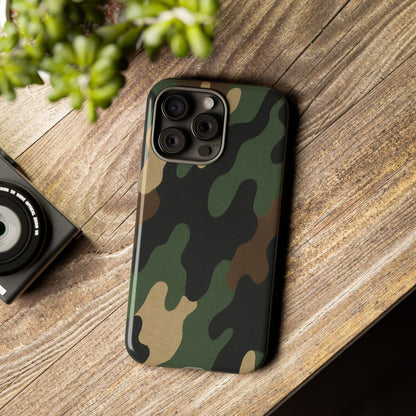 Military green camo tough phone case by Printify offering rugged protection for smartphones.