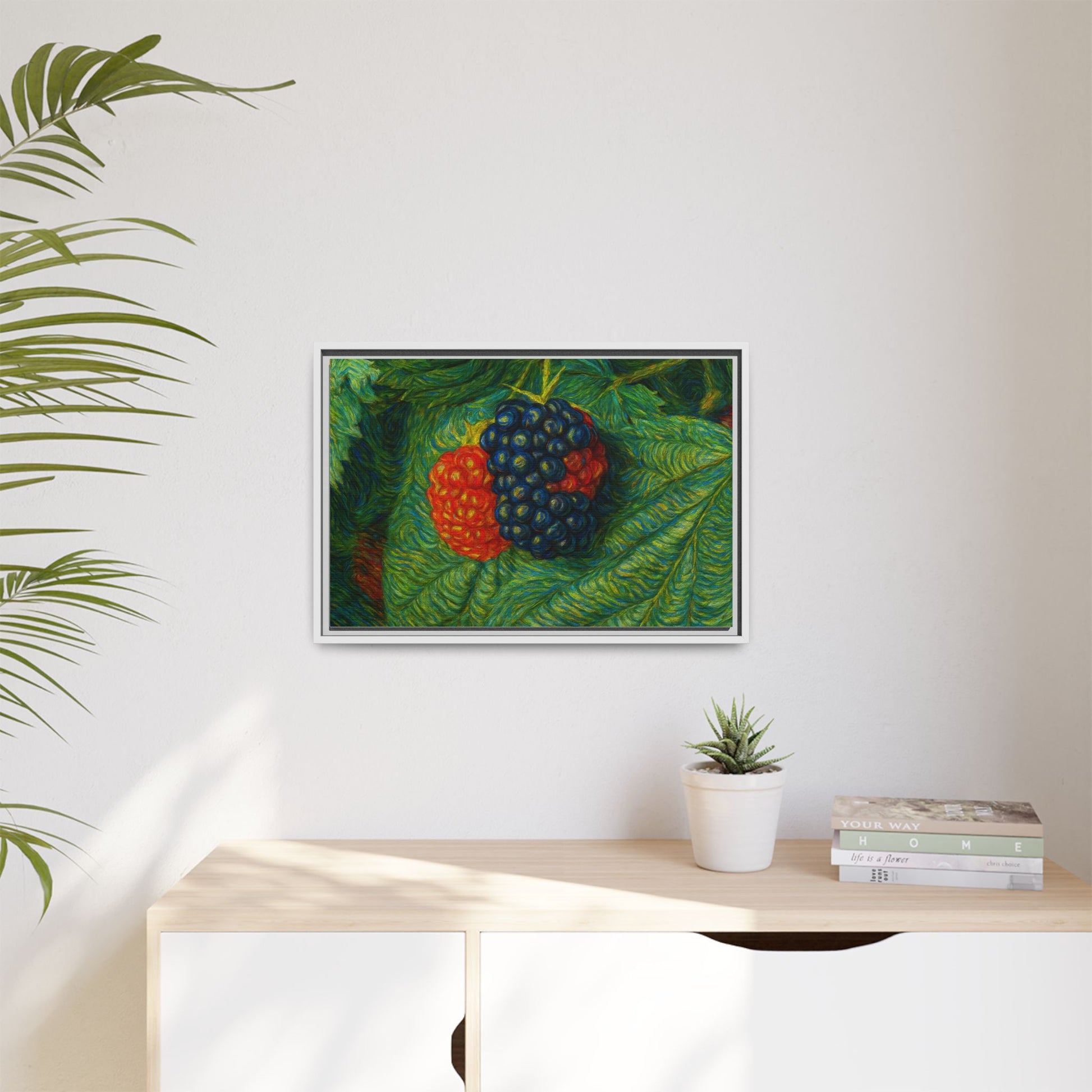 Blackberry still life framed canvas print by Printify featuring a detailed watercolor painting of ripe blackberries.