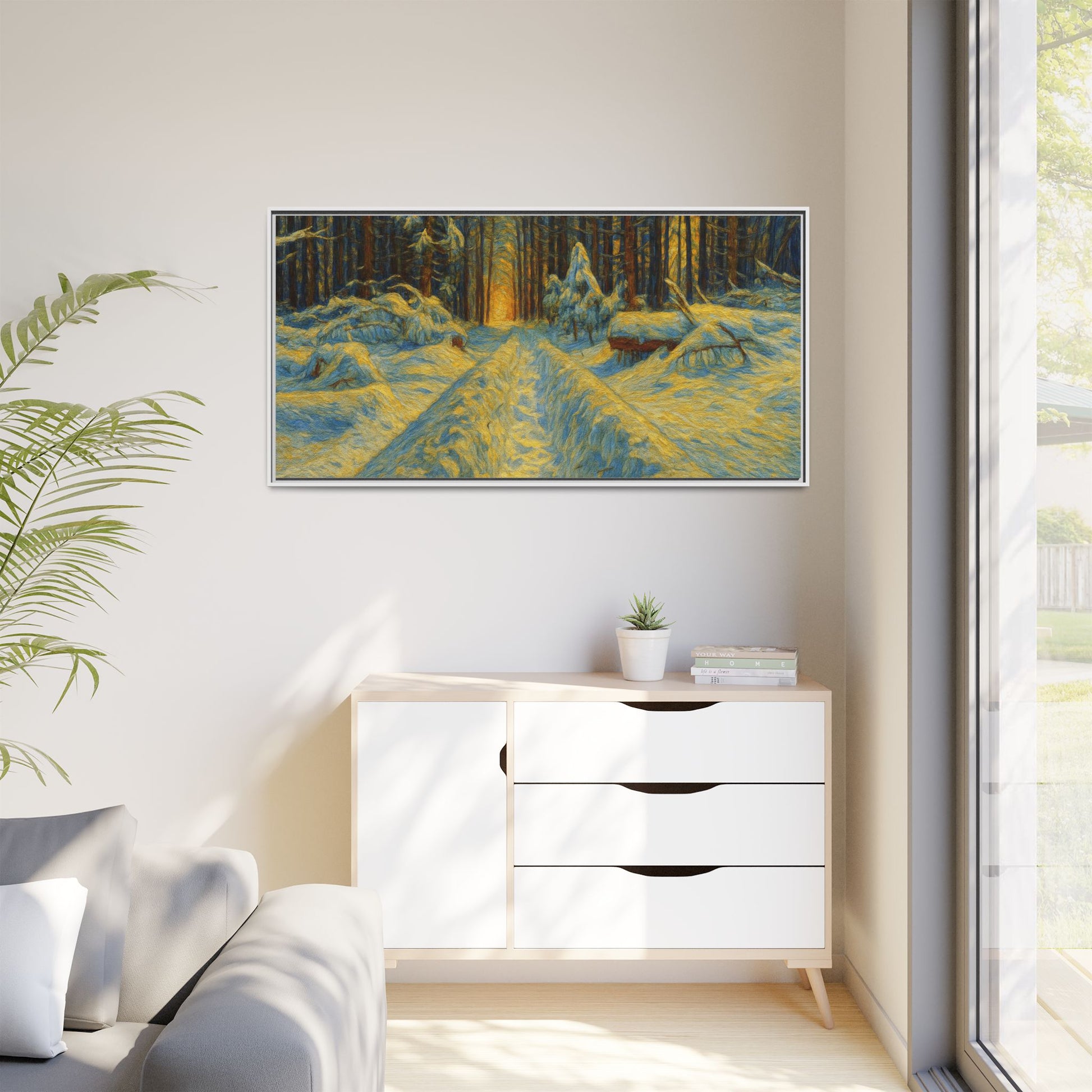 Framed matte canvas print of a snowy forest path at sunset, showcasing warm colors and detailed woodland scenery.