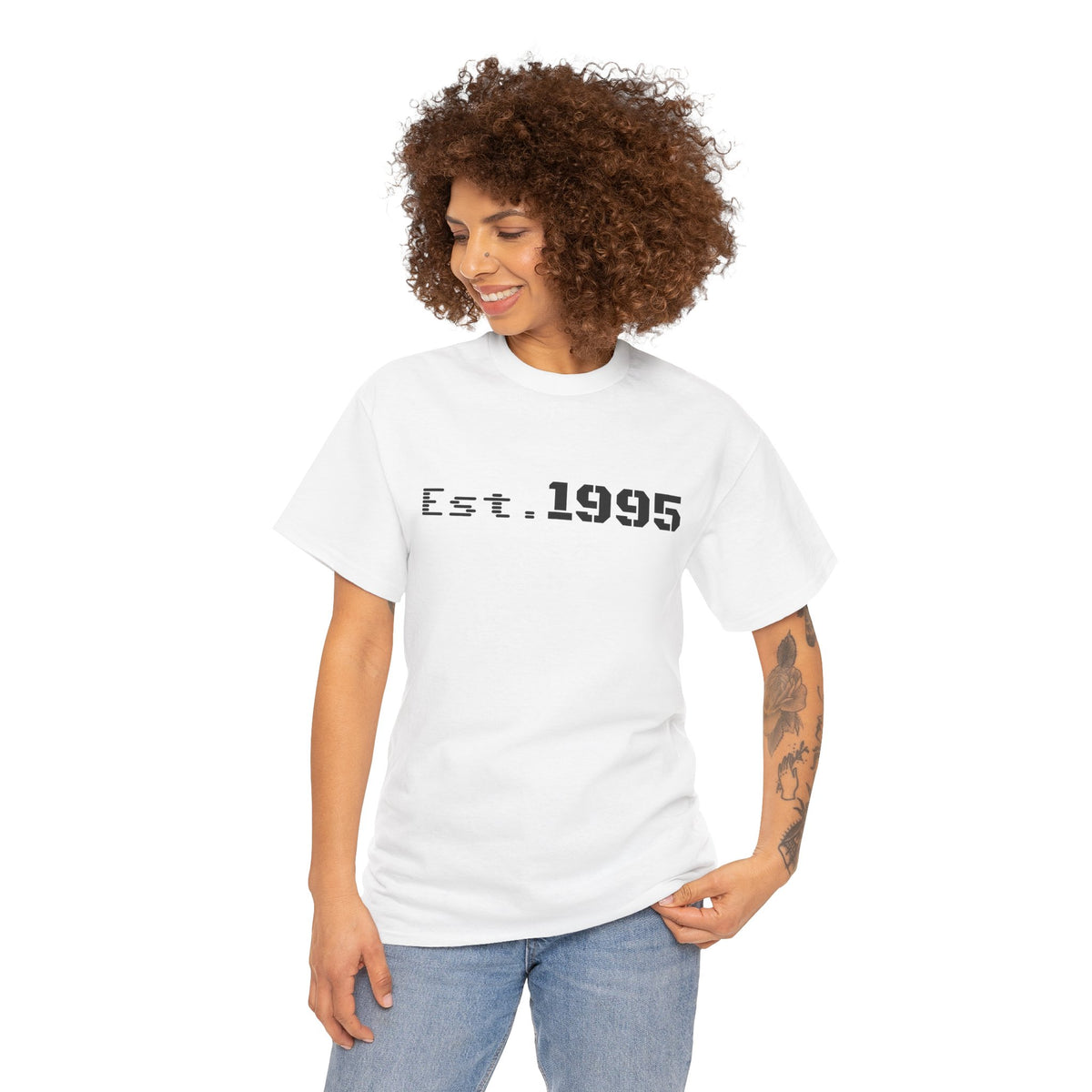 Vintage minimalist "Est. 1995" T-shirt by Printify featuring a simple birthday design, suitable for casual wear and birthdays.