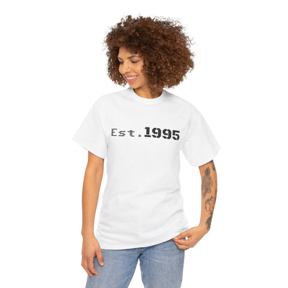 Vintage minimalist "Est. 1995" T-shirt by Printify featuring a simple birthday design, suitable for casual wear and birthdays.