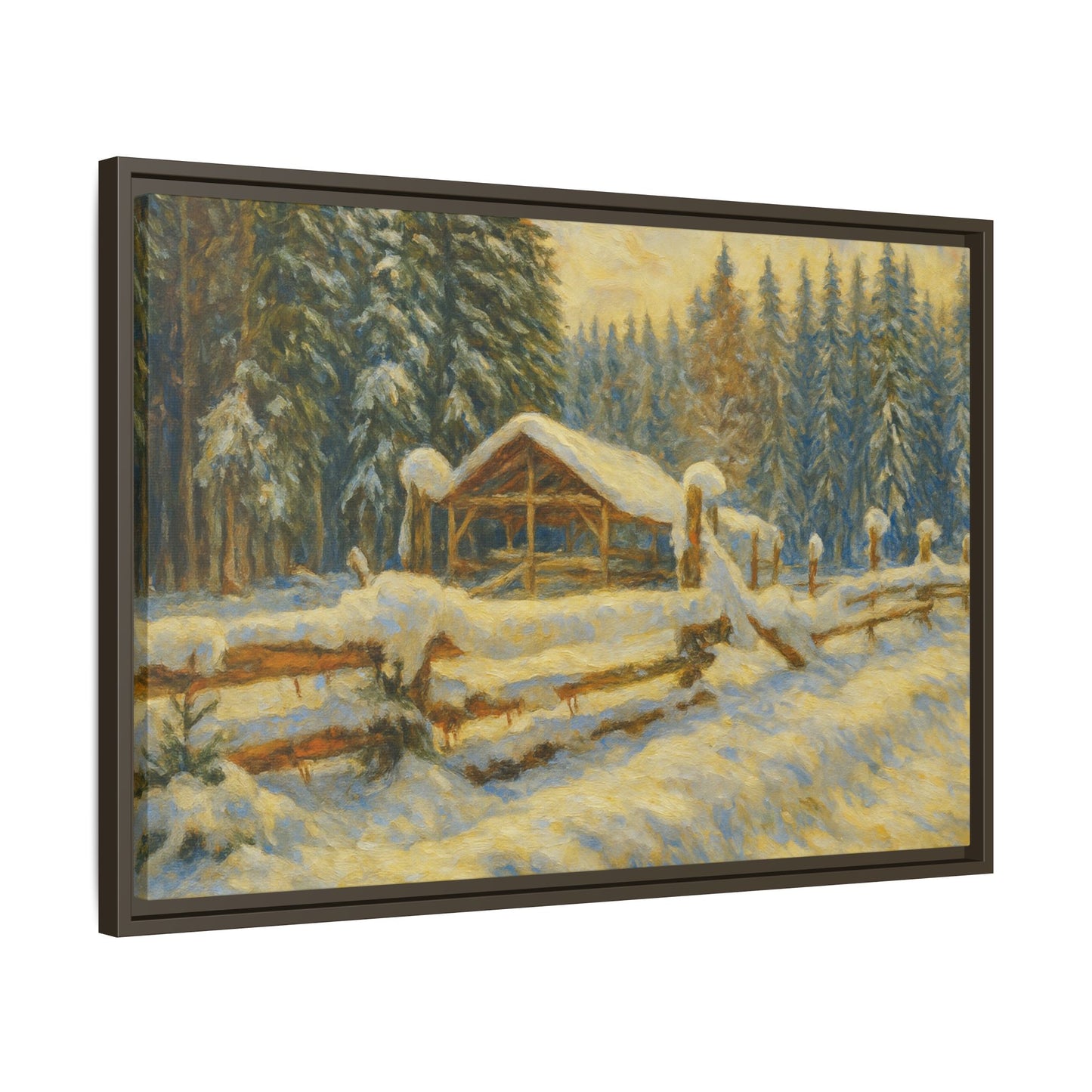 Snowy cabin winter landscape canvas wall art by Printify, featuring a matte framed forest scene with snow-covered trees and a cozy cabin.