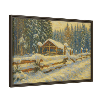 Snowy cabin winter landscape canvas wall art by Printify, featuring a matte framed forest scene with snow-covered trees and a cozy cabin.