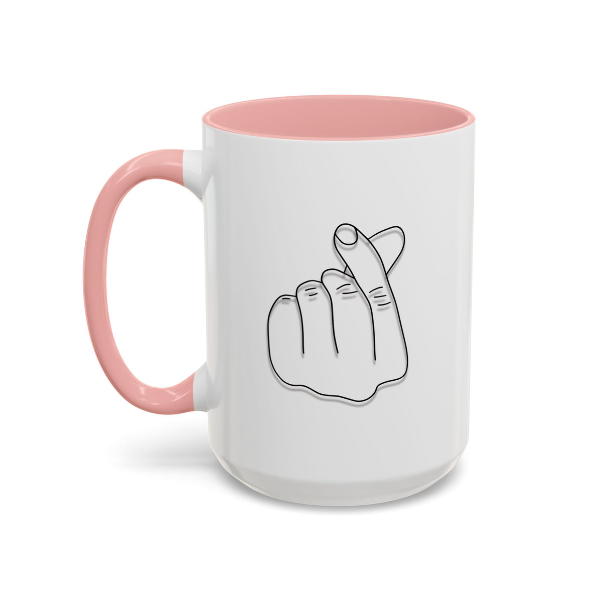Minimal Korean finger heart accent mug by Printify, 11oz or 15oz ceramic coffee mug with simple design and smooth surface.